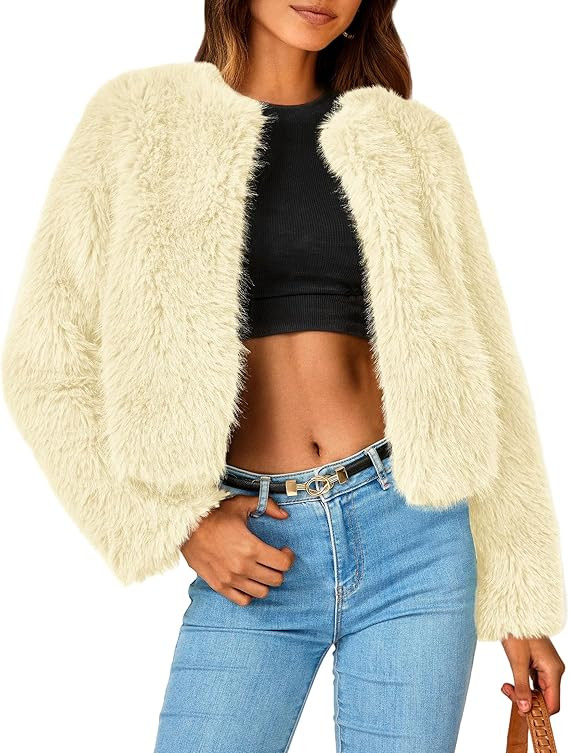 PRETTYGARDEN Women's 2026 Winter Coats Fleece Cropped Jacket Faux Fur Long Sleeve Pockets Shaggy ... | Amazon (US)