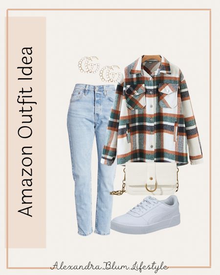 Casual fall outfit idea! Amazon outfit idea!! Fall fashion! Amazon fashion finds! Casual plaid button down Shacket jacket coat! Levi jeans, ivory crossbody purse, white sneakers, and GG earrings!

#LTKitbag #LTKshoecrush #LTKunder100