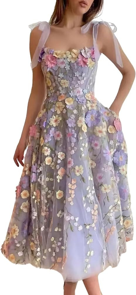 ebossy Women's 3D Floral Tie Strap Tulle Prom Dresses 2024 Summer Fairy Embroidery Lace Applique ... | Amazon (US)