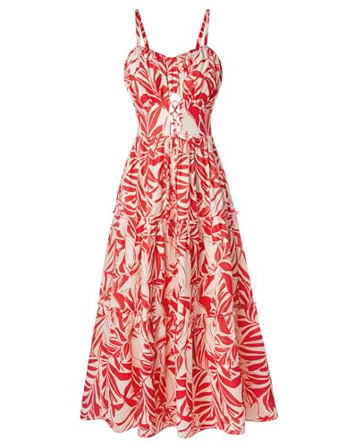 GRACE KARIN 2026 Women's Spaghetti Vacation Sundress Summer Beach Flowy Boho Floral Maxi Dresses with Pockets Red Leaves M | Amazon (US)