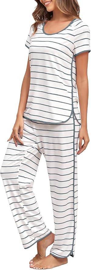 FKEEP Stripe Pajamas Set Women Two-Piece Nightwear Short Sleeve Sleepwear Soft Side Split Loungew... | Amazon (US)