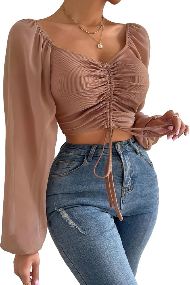 Verdusa Women's Sweetheart Neck Drawstring Ruched Lantern Sleeve Crop Top Blouse | Amazon (US)