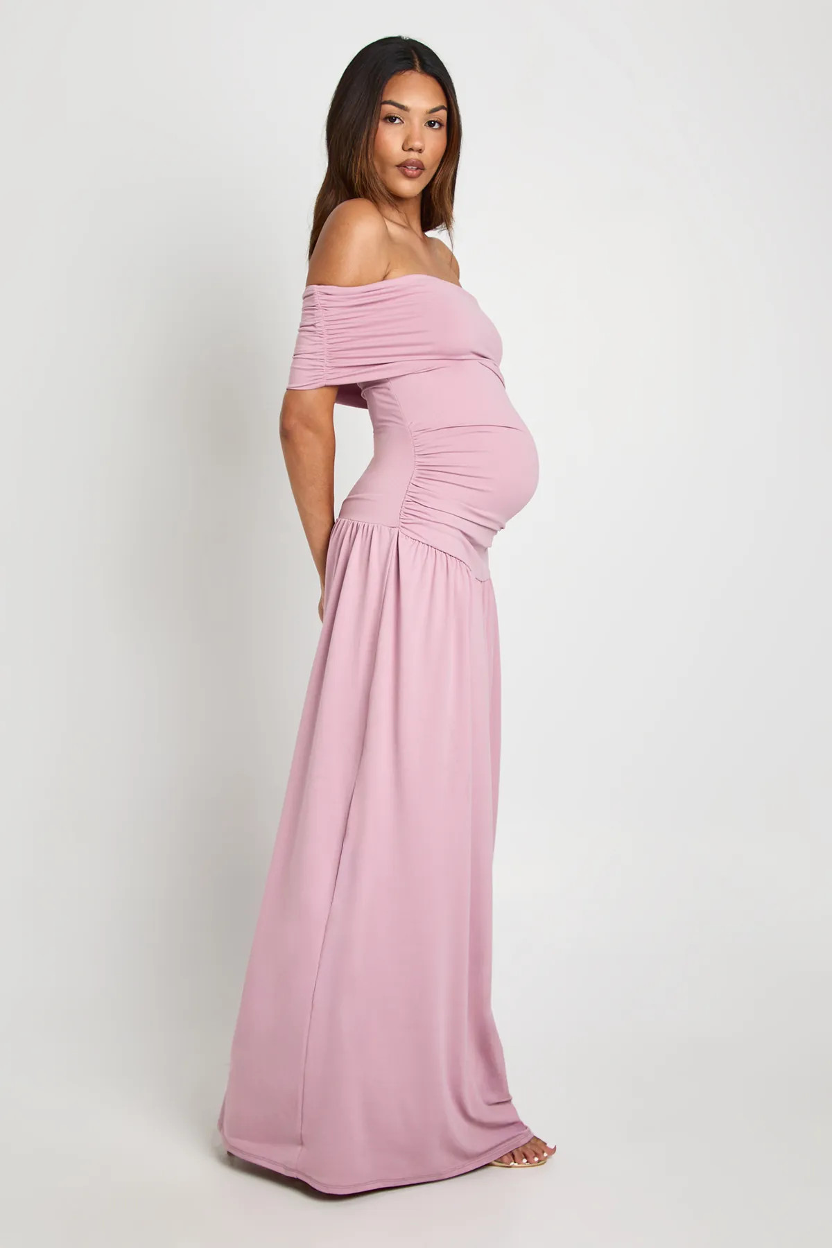 Maternity Bardot Drop Hem Maxi Dress | boohoo (US & Canada)