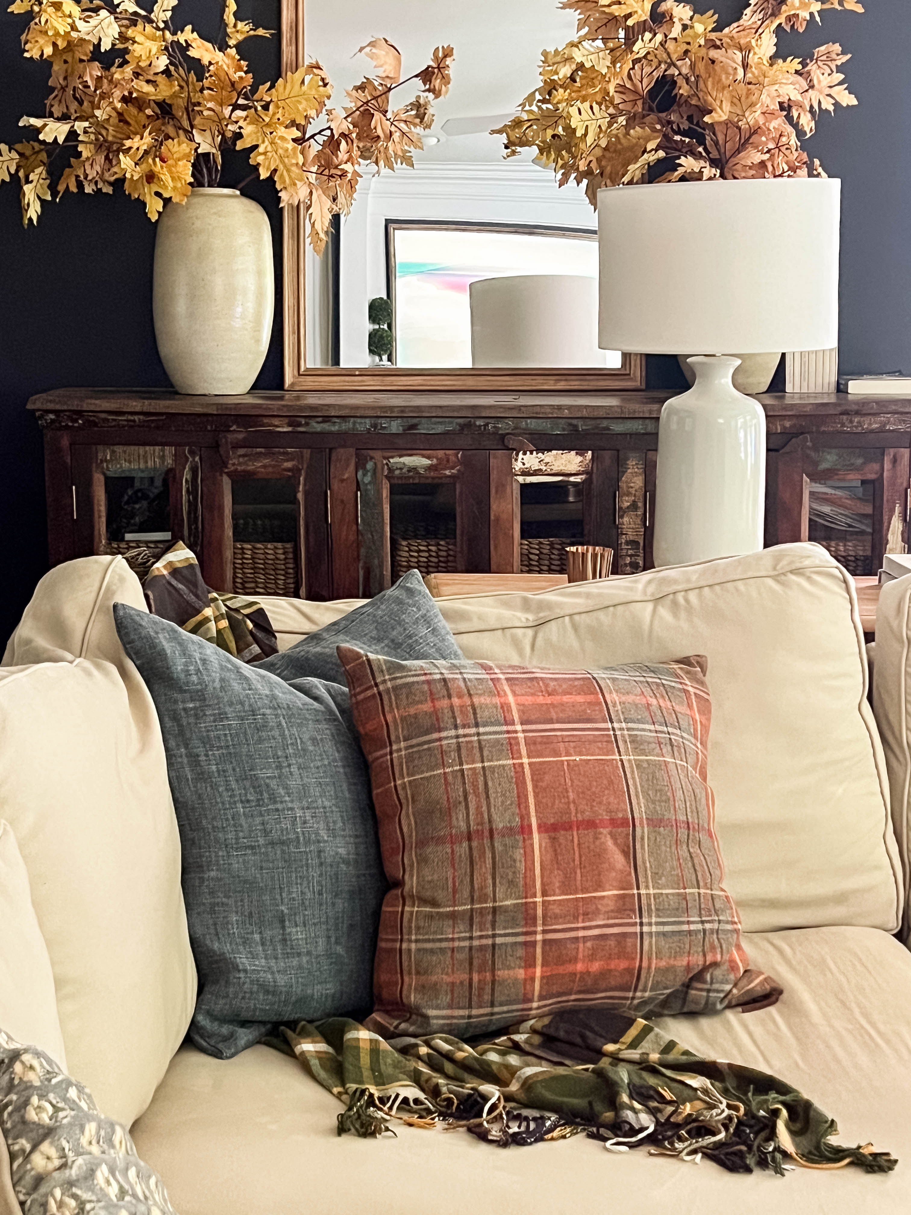 My easy formula for mixing fall pillows. Neutral solid + cozy plaid + optional more fun pillow = fall pillow perfection. (I don't have a small fun pillow in this photo, so I grabbed a saturated throw blanket instead.) 

 #LTKSeasonal #LTKHome