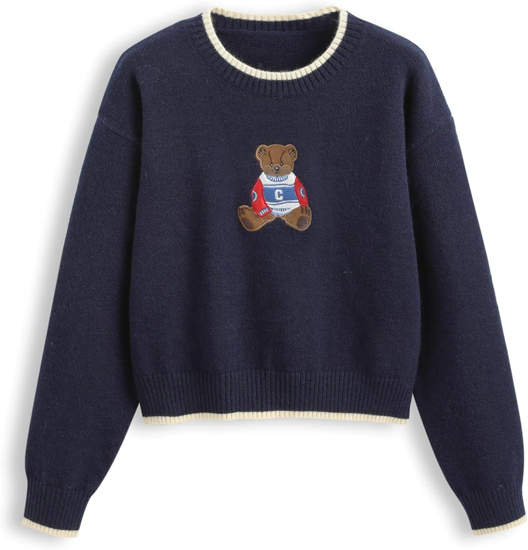 CIDER Womens Sweaters Fall Long Sleeve Bear Graphic Crewneck Sweater Soft Knit Casual Cropped Pul... | Amazon (US)