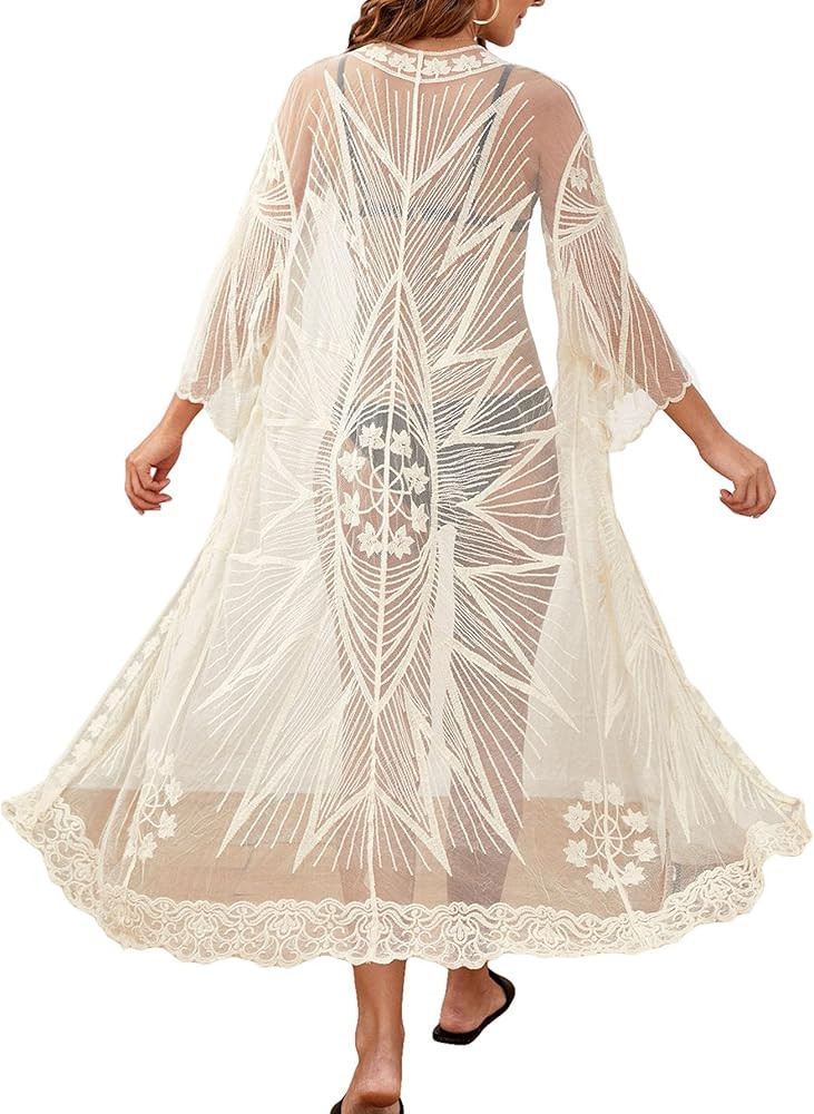 Floerns Women's Embroidery Sheer Mesh 3/4 Sleeve Swimwear Long Kimono Cardigan | Amazon (US)