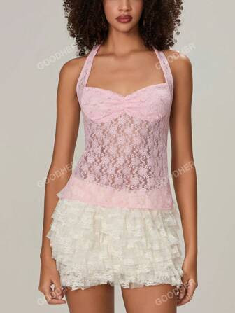 Women's Summer Sexy Solid Color Ruched Lace Backless Halter Top | SHEIN