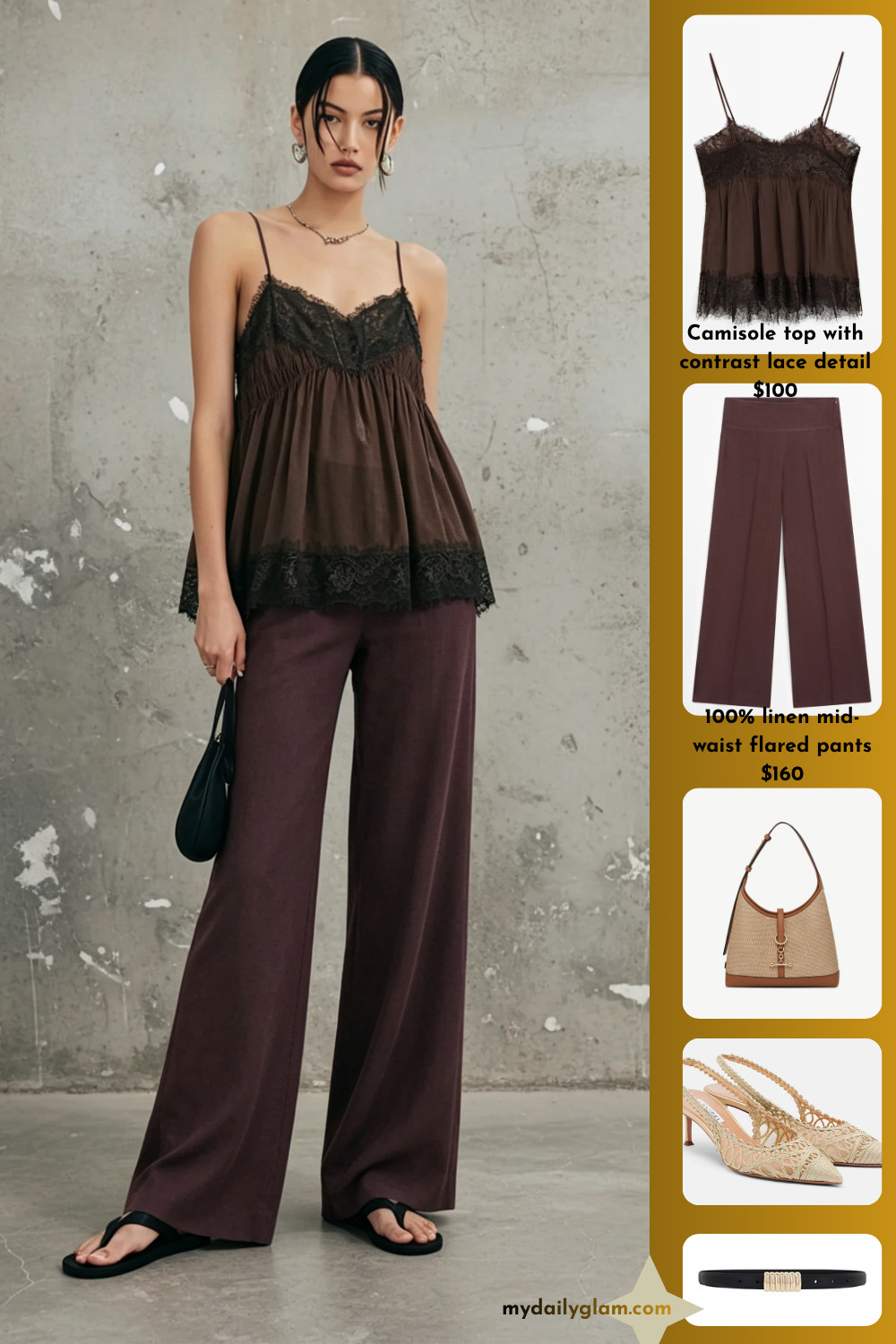 Muted Chocolate Two Piece Summer Outfit Babydoll Lace Spaghetti Strap Tank & Flowy Linen Wide Leg Pants

#SummerLinenOutfit #MonochromeOutfit #CapsuleWardrobe 

 #LTKootd #LTKOver40 #LTKWorkwear