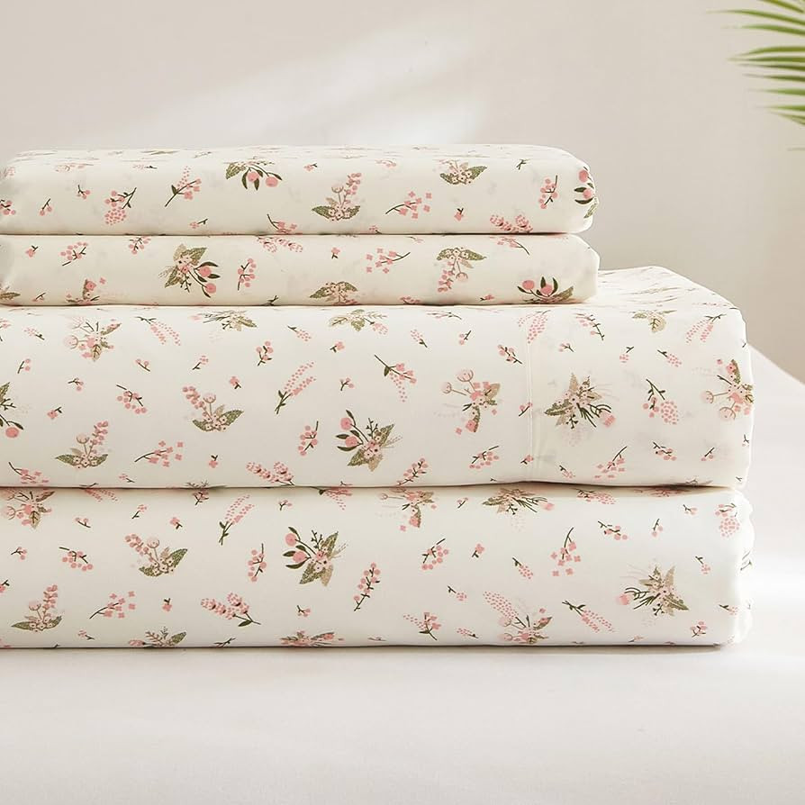 HighBuy Queen Bed Sheet Sets White 4 Piece - Vintage Pink Floral Sheets Set Queen - Luxury Soft B... | Amazon (US)