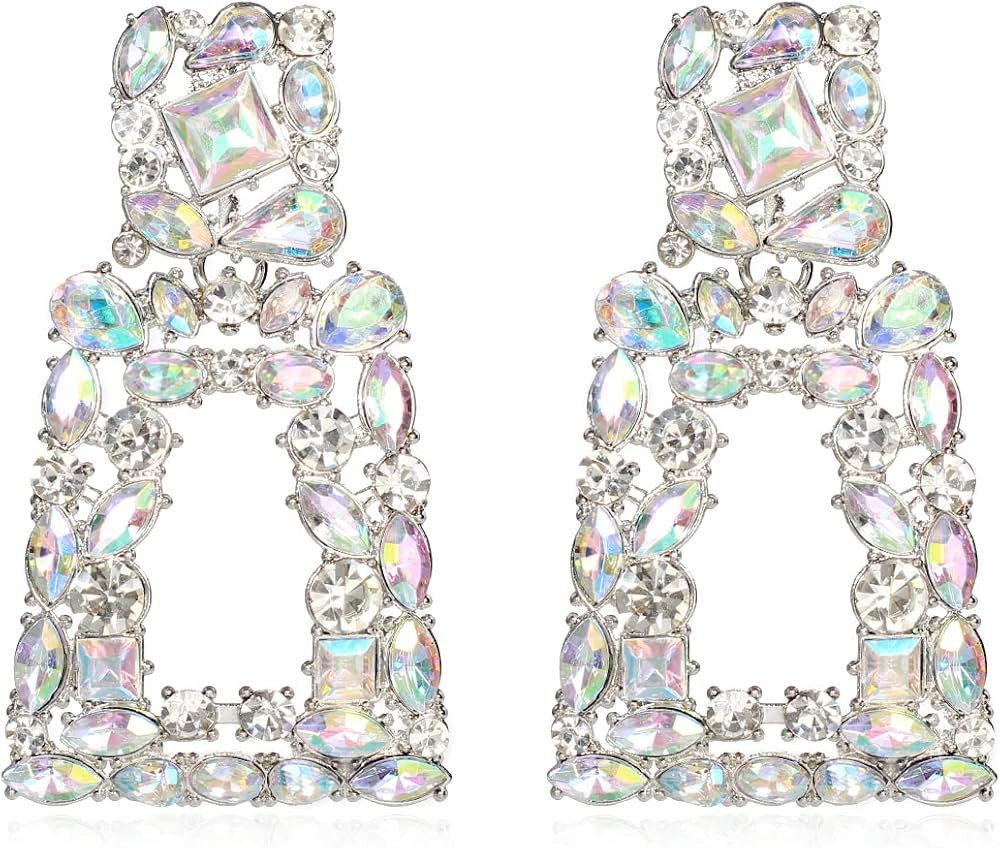 Rhinestone Rectangle Dangle Earrings for Women Sparkly Crystal Geometric Drop Statement Earrings ... | Amazon (US)