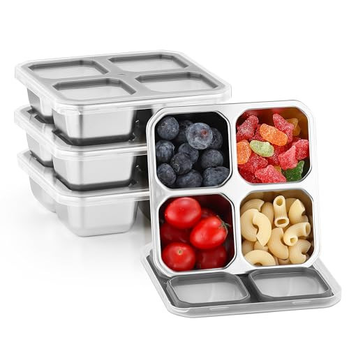 4 Pack Stainless Steel Snack Containers with Lids 4 Compartment Lunch Box for Adults & Kids Meal Prep Bento Box Containers Reusable | Amazon (US)