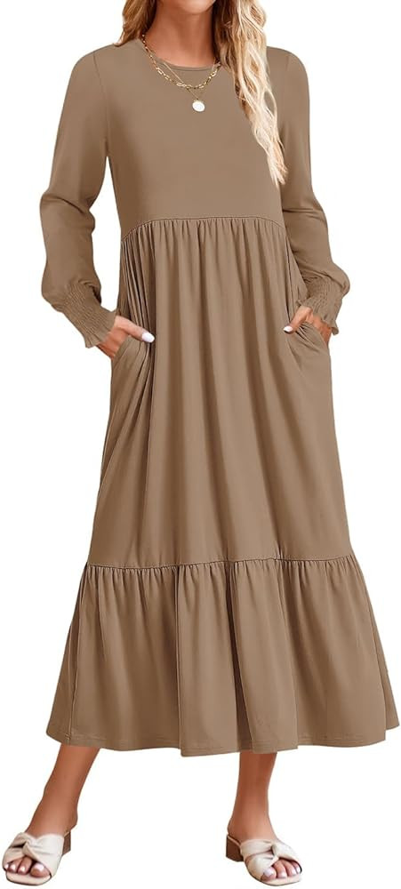 ZESICA Women's 2025 Fall Long Sleeve Dress Crewneck Casual Loose Pleated Tiered Swing Midi Dresse... | Amazon (US)