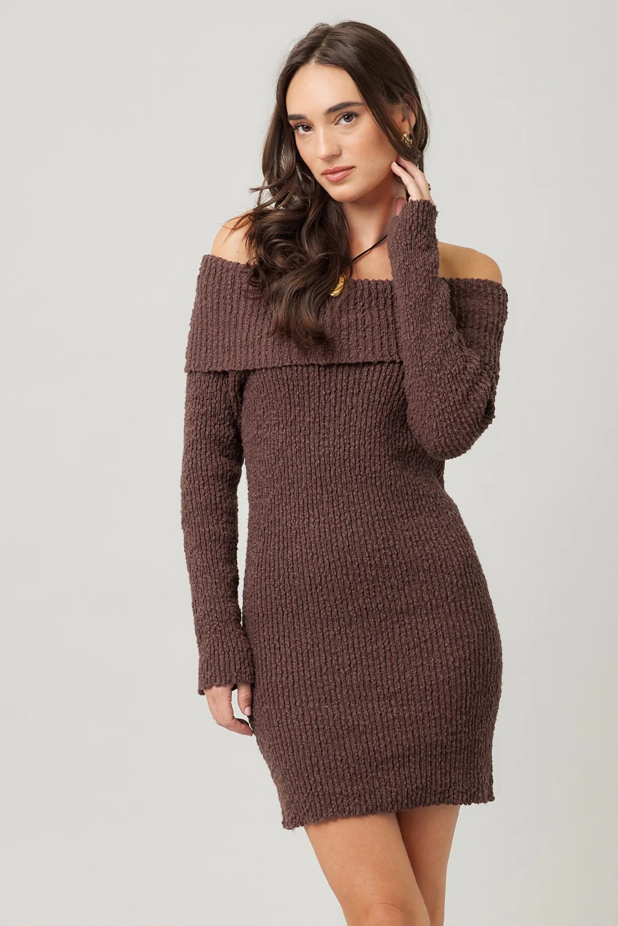 Brown Off The Shoulder Knit Sweater Mini Dress | PinkBlush Maternity