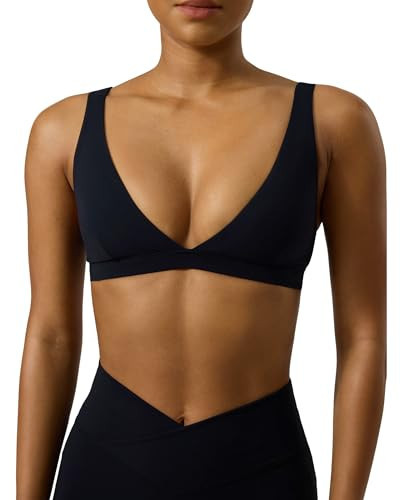 PAVOI ACTIVE Deep V Neck Sports Bra for Women - Low Coverage Open Back V Plunge Low Cut Workout Bra Removable Pads-Black, Medium, A-C Cups | Amazon (US)