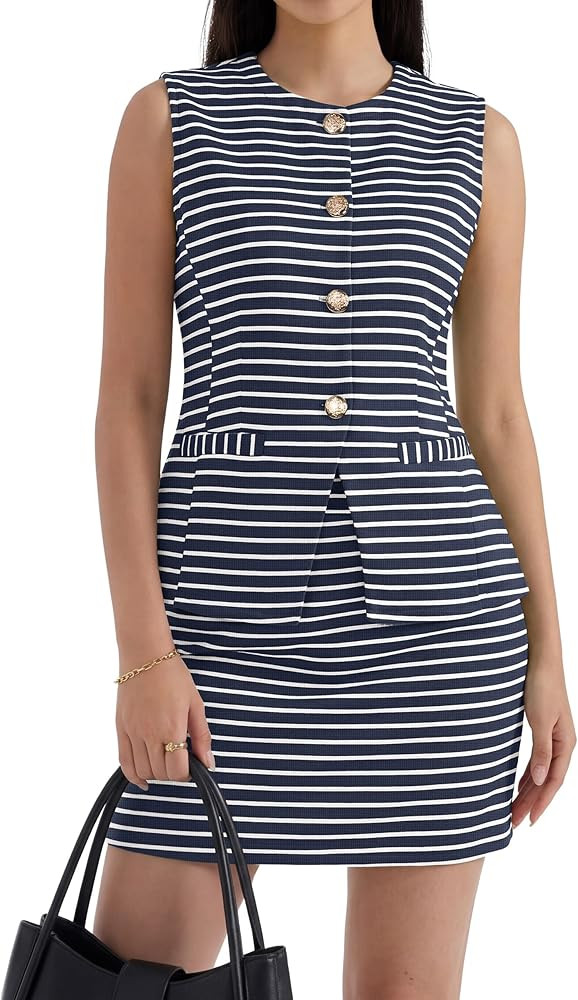 Simplee Women's Summer 2 Piece Outfits 2026 Striped Sleeveless Matching Sets Button Down Vest Wai... | Amazon (US)