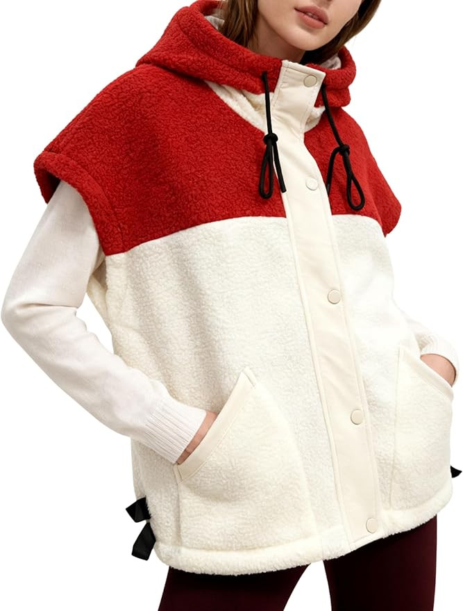 Womens Sherpa Hooded Vest Cozy Color-Block Sleeveless Jacket with Adjustable Drawstring Hem | Amazon (US)