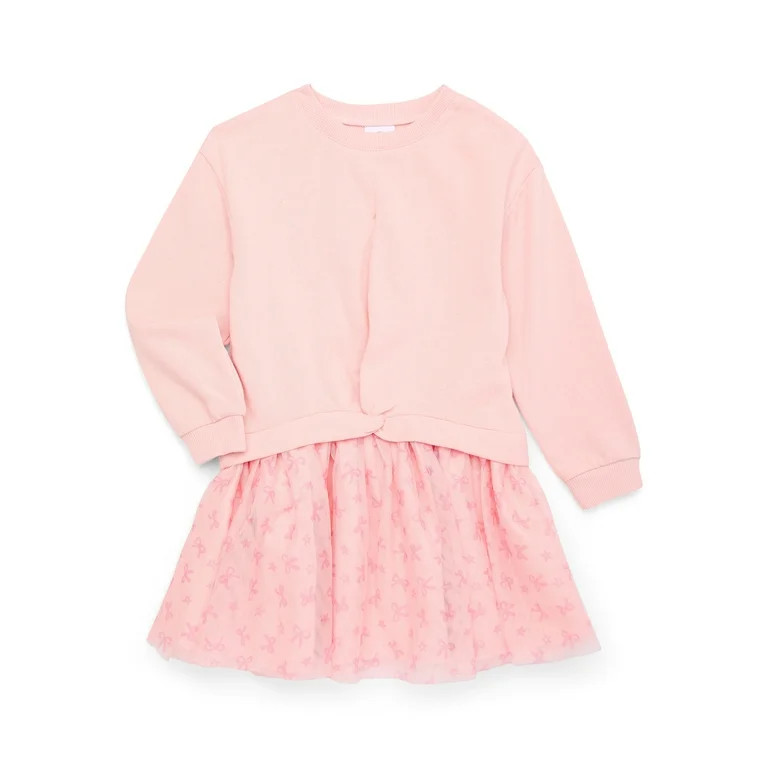 Wonder Nation Toddler Girl Bow Printed Tulle Dress with Long Sleeves, Sizes 12M-5T | Walmart (US)