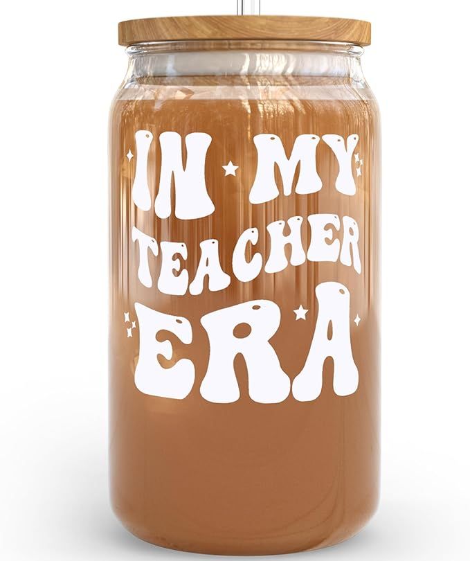 KLUBI Teacher Gifts For Women In My Teacher Era Cup 16 Ounce Teacher Glass Cups with Lids and Str... | Amazon (US)