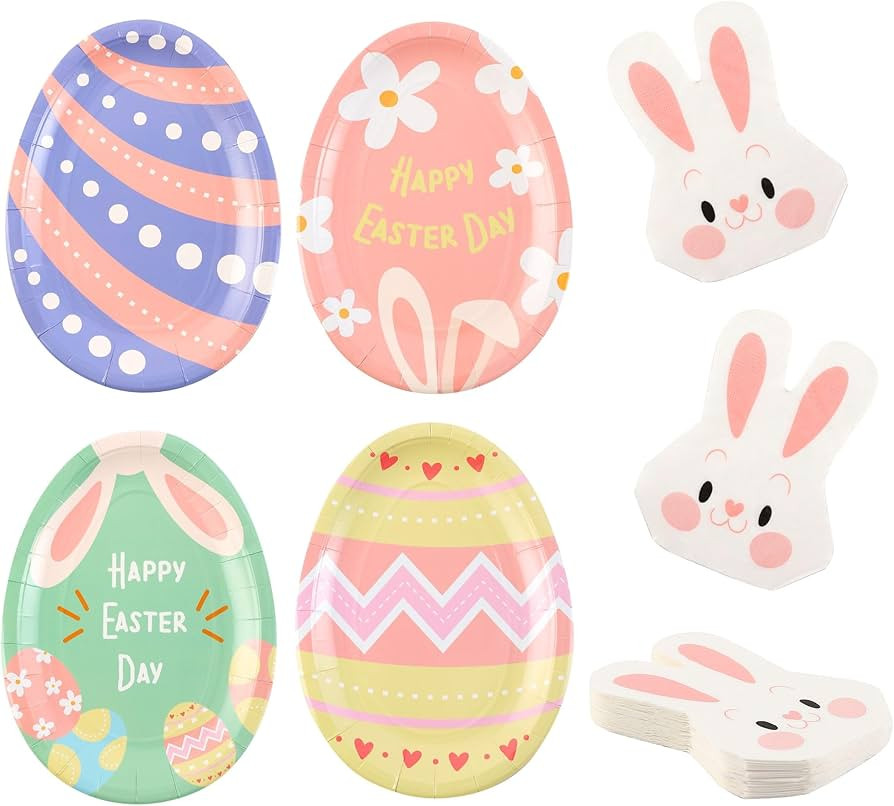 Winoo Design Easter Plates and Napkins Disposable - 24 PK - Dinner Egg Paper Plates and Rabbit Na... | Amazon (US)