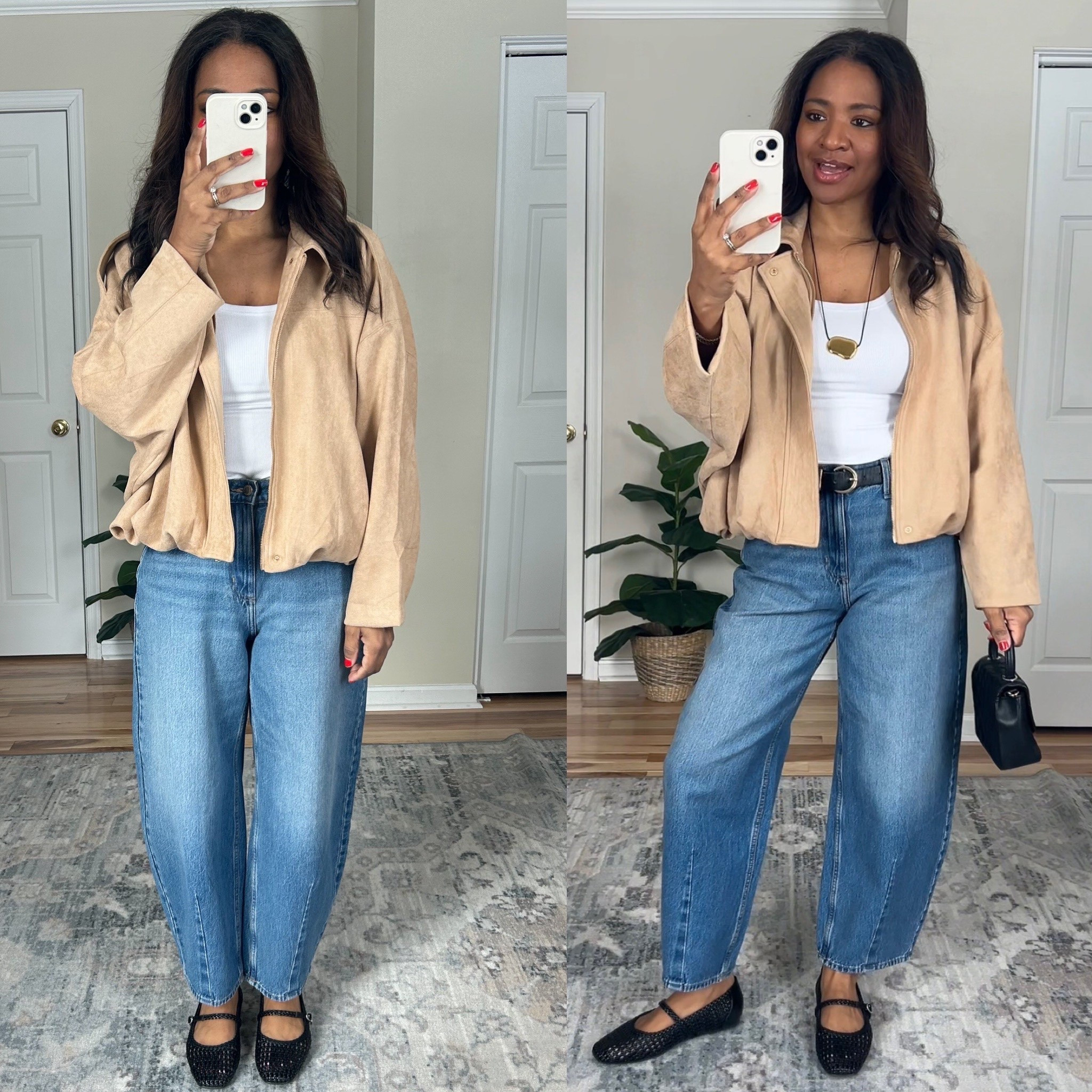 Outfit fixes. Sandwich rule. ￼ I’m wearing a medium and the tan jacket. And I’m wearing a size 4 in the barrel jeans. I went down 1/2 size in the tan sneakers. The ballet flats are true to size. ￼

#LTKgrwm #LTKOver40 #LTKootd