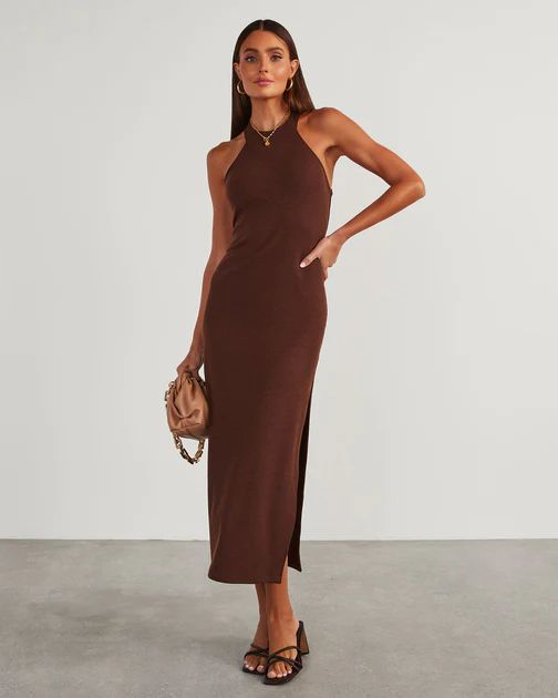 Constancia Ribbed Slit Midi Dress - Dark Brown | VICI Collection