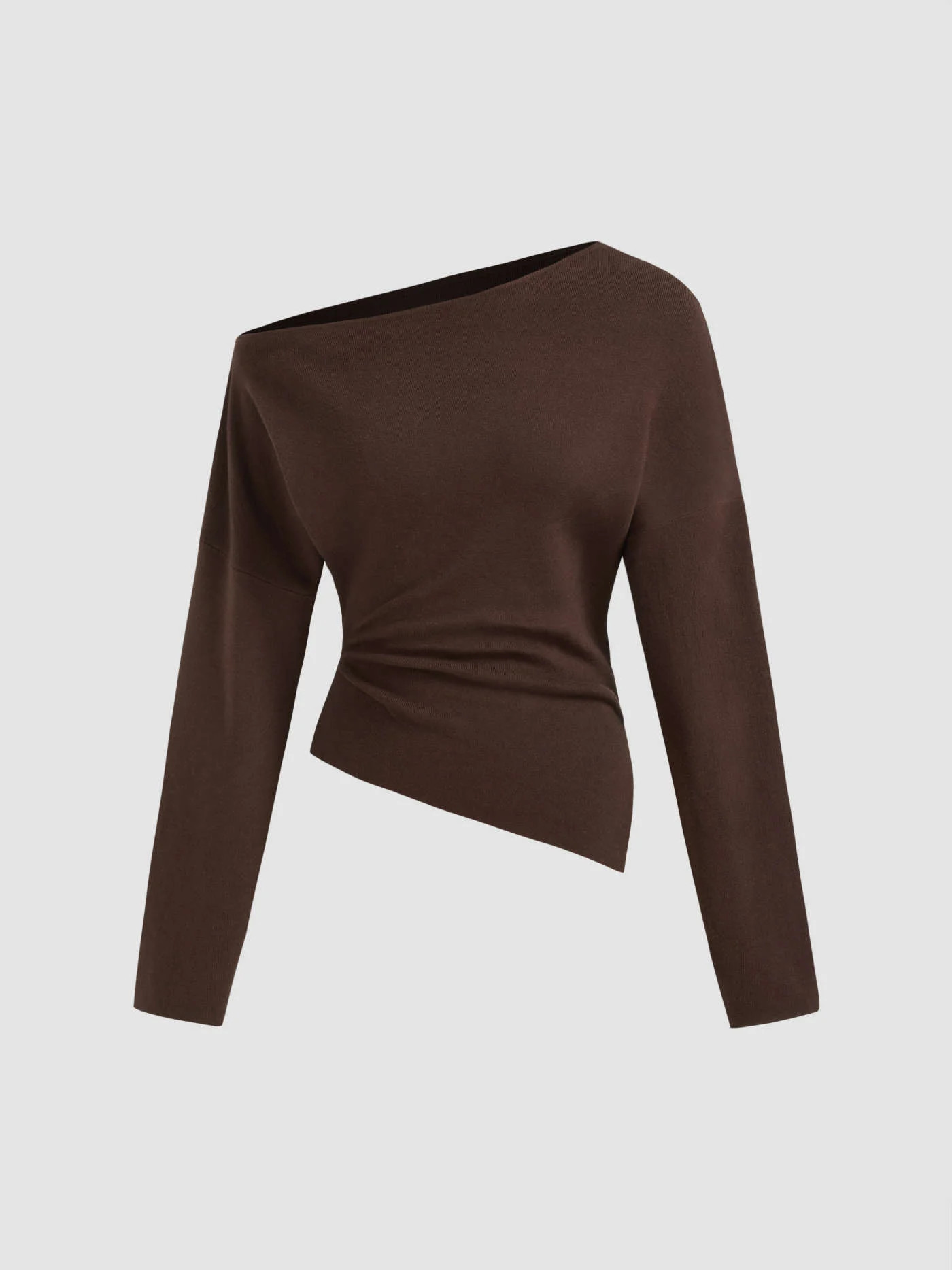 Knit Asymmetrical Neck Solid Ruched Long Sleeve Top | Cider