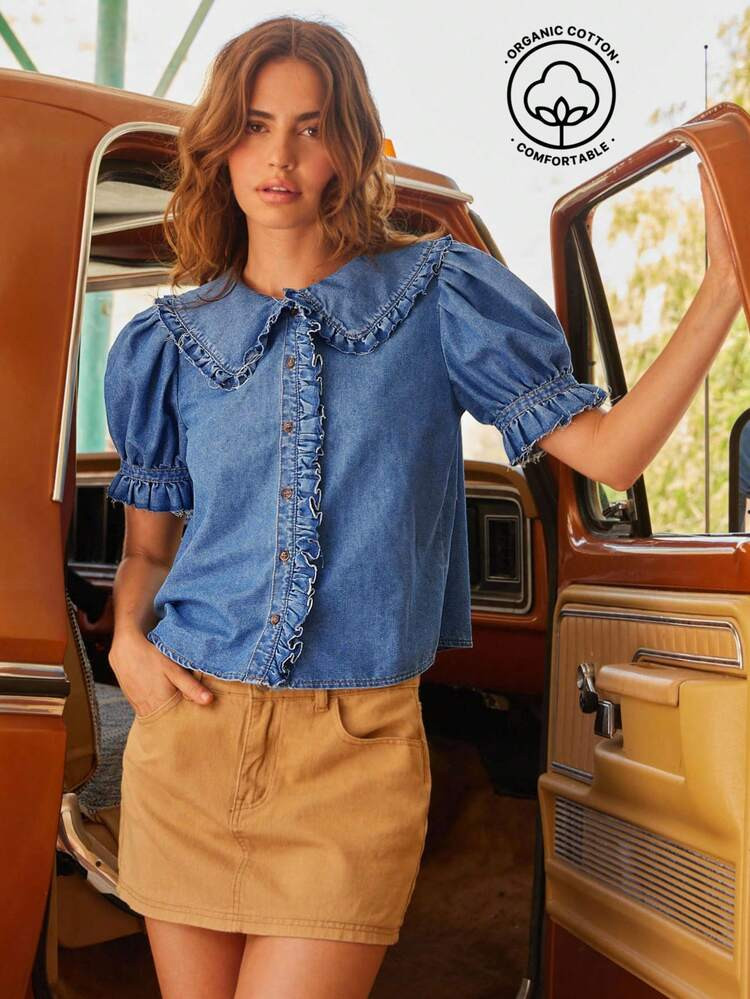 WESTFADE Cotton Blend Chambray Ruffle Collar Short Sleeve Button Up Shirt Cute Summer Tops Country Concert European Beach Vacation For Women | SHEIN