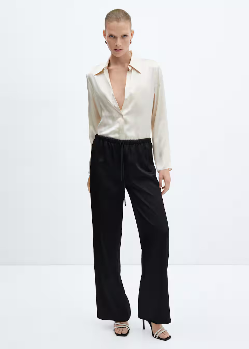 Satin-finish elastic waist pants -  Women | Mango USA | MANGO (US)