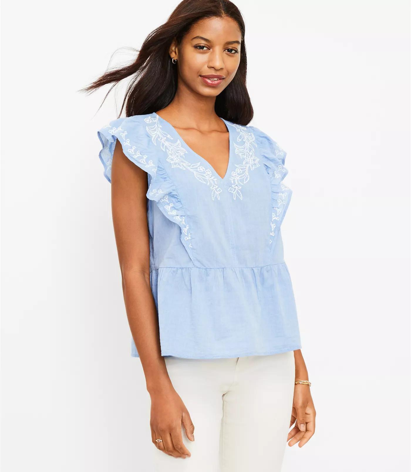 Floral Embroidered Ruffle Peplum Top | LOFT | LOFT