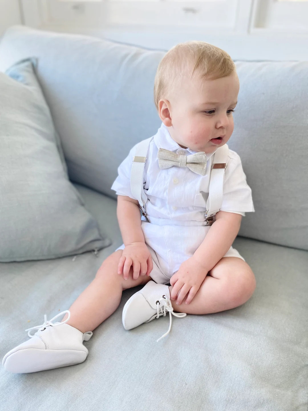 Boys White Linen Summer Baptism Set With Shirt, Shorts, Suspenders and Bow Tie, Optional Shoes, E... | Etsy (US)