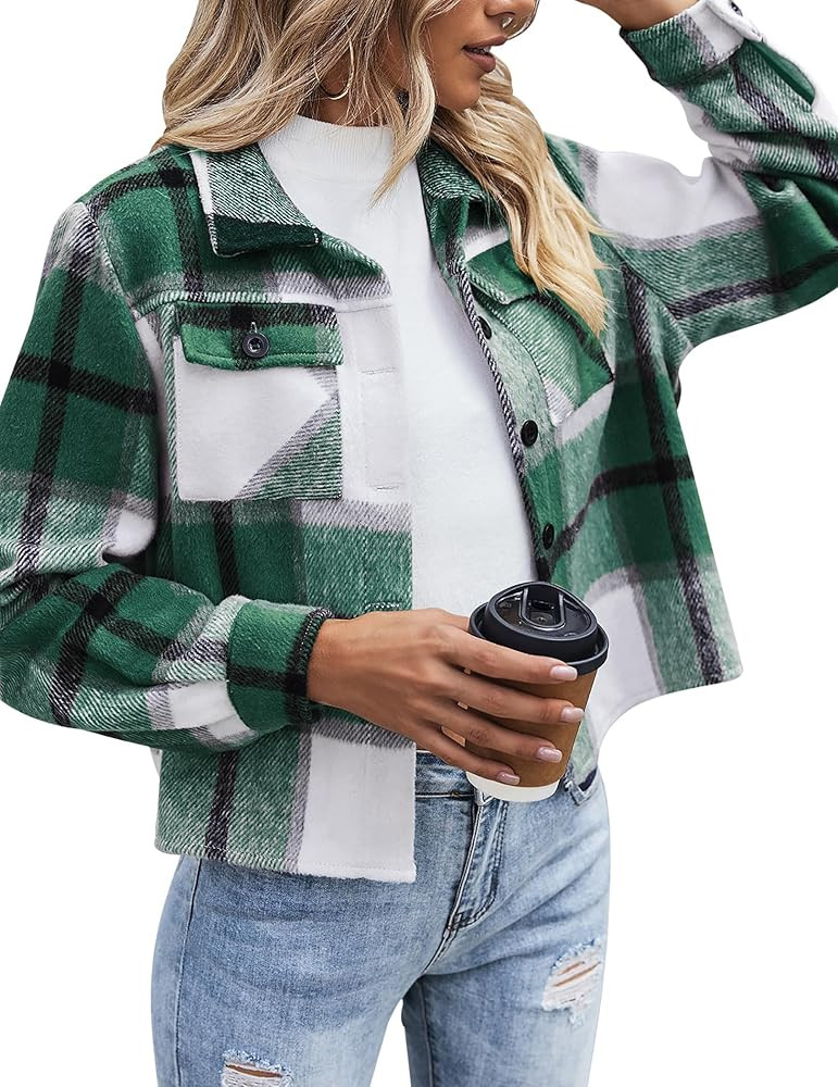 Zeagoo Flannels for Women Cropped Shacket Jacket Fashion Plaid Button Down Shirt 2025 Fall Coat T... | Amazon (US)