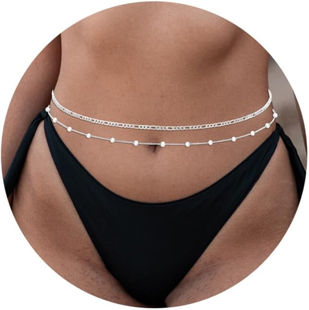 RLMOON 2PCS 18K Gold/Silver Plated Waist Chains Pearl CZ Belly Body Chain for the Waist Layered G... | Amazon (US)