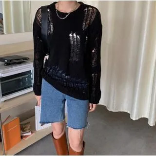 KiTi - Long-Sleeve Distressed Knit Sweater | YesStyle | YesStyle Global