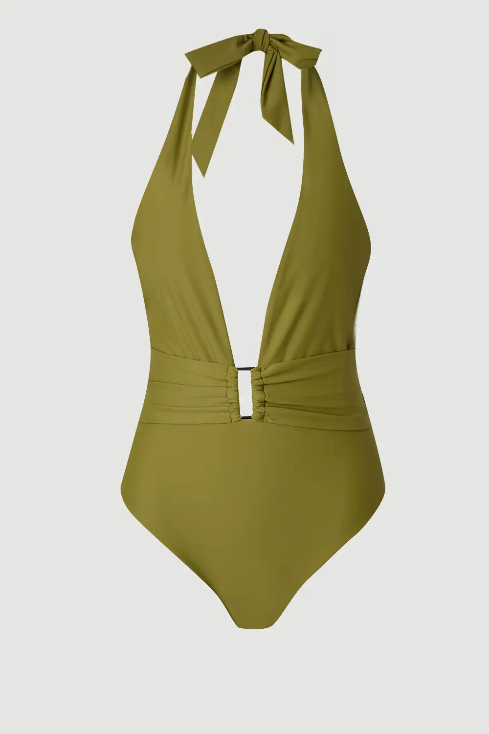 Khaki Halter Neck Hardware Detail Plunge Swimsuit | Karen Millen | Karen Millen