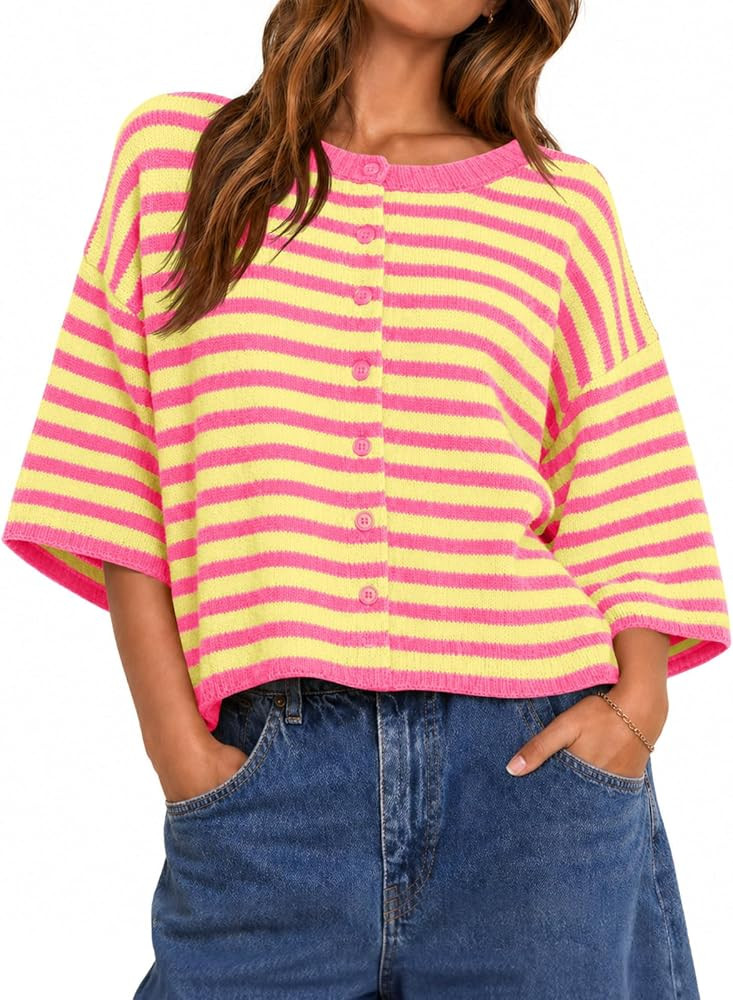 Saodimallsu Womens Short Sleeve Cardigan Cropped Striped Button Down Oversized Lightweight Knit S... | Amazon (US)