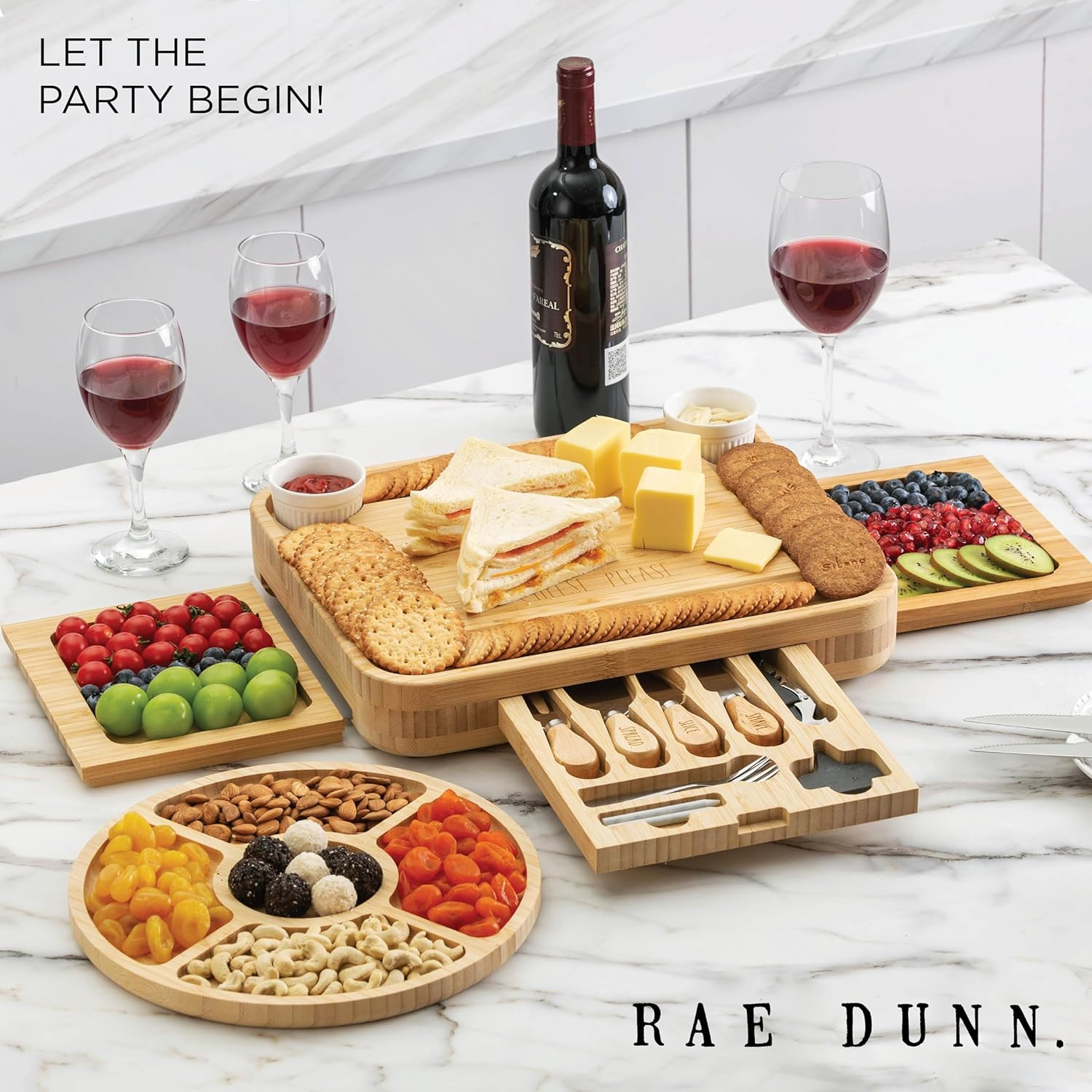 Rae Dunn Large Bamboo Charcuterie Board Set With Serving Forks and Platters | Amazon (US)