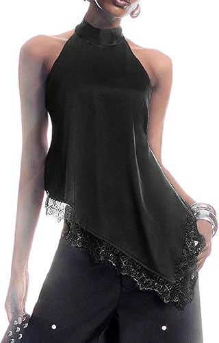 MakeMeChic Women's Lace Halter Tops Asymmetrical Backless Satin Sleeveless Going Out Tank Top | Amazon (US)