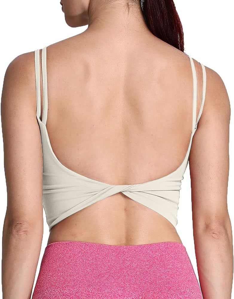 Aoxjox Women's Workout Sports Bras Fitness Padded Backless Yoga Crop Tank Top Twist Back Cami | Amazon (US)