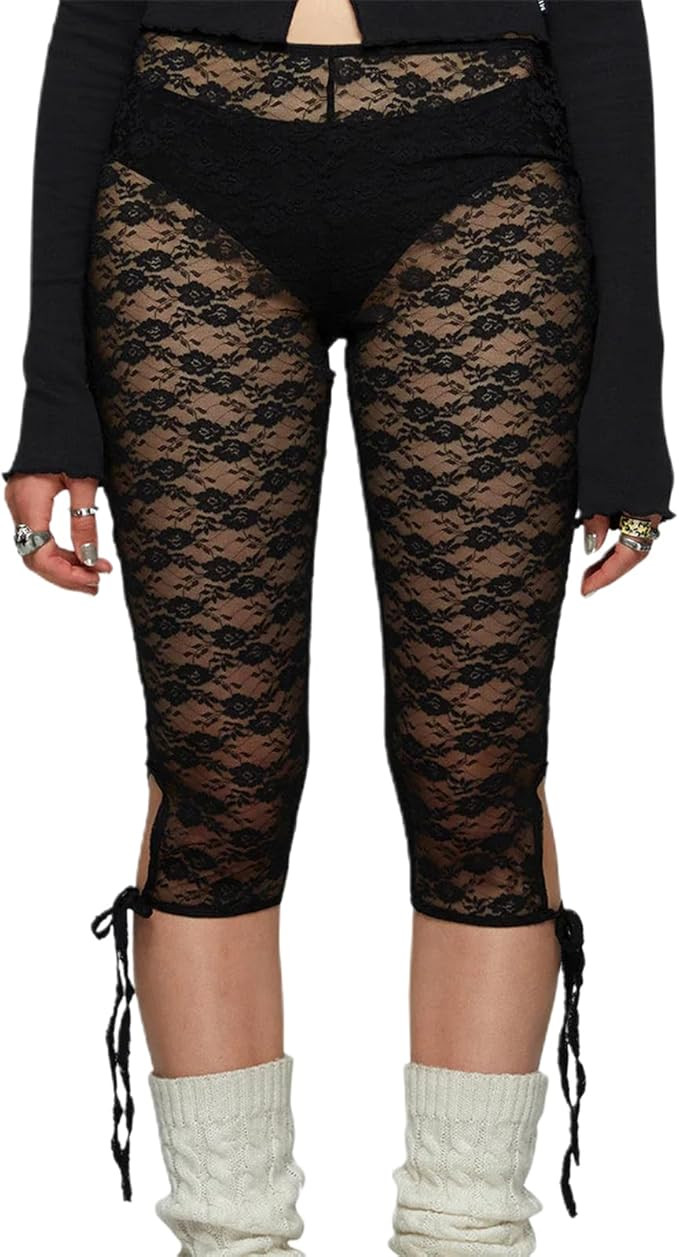 Women Y2k Lace Capri Pants Sheer Floral Lace Capris Leggings Tights Sexy Mesh See Through Cropped... | Amazon (US)