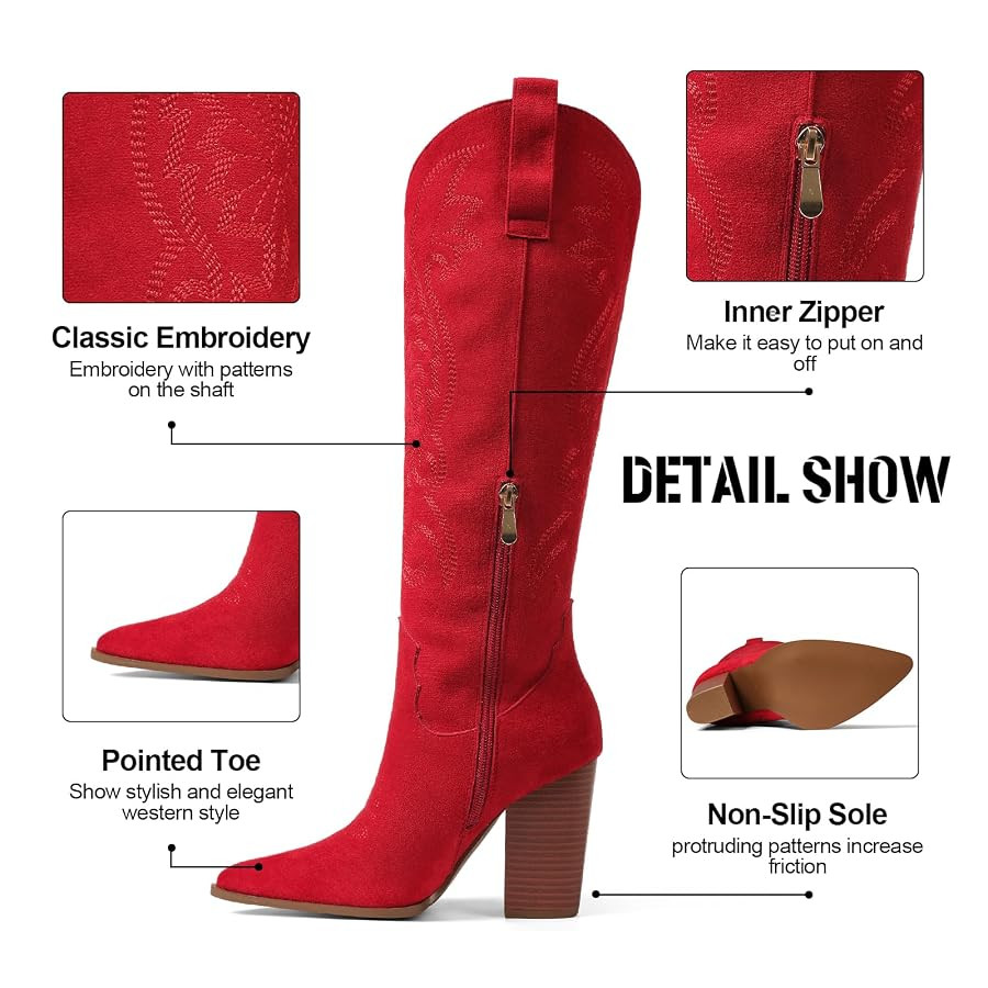 VOMIRA Knee High Cowboy Boots for Women Pointed Toe Chunky High Heels Pull-on Embroidered Boots W... | Amazon (US)