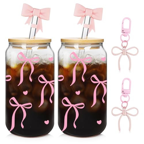 Mason Life Coquette Pink Bow Cute Glass Cups with Lids and Straw 2Pack 18OZ Cute Tumbler Glass Cup with Keychains and Straw Covers for Iced Coffee Smoothie Cocktail Whiskey Matcha Milk Mother's Gift | Amazon (US)