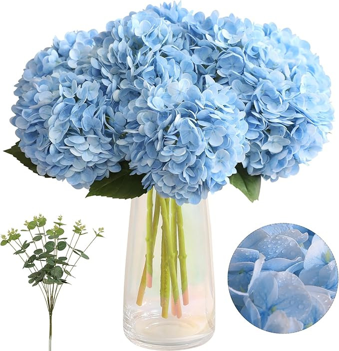 Tifuly Fake Hydrangea Artificial Flowers with Vase 4pcs Real Touch Faux Hydrangea and 3pcs Eucaly... | Amazon (US)