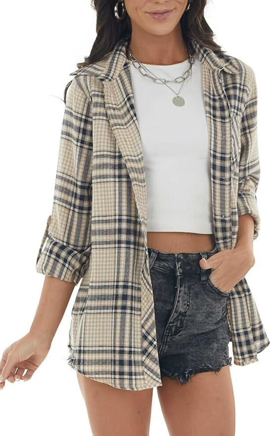 NUOREEL Womens Casual Plaid Soft Button Down Tops Roll Up Long Sleeve Cuffed Blouse Shirts | Amazon (US)