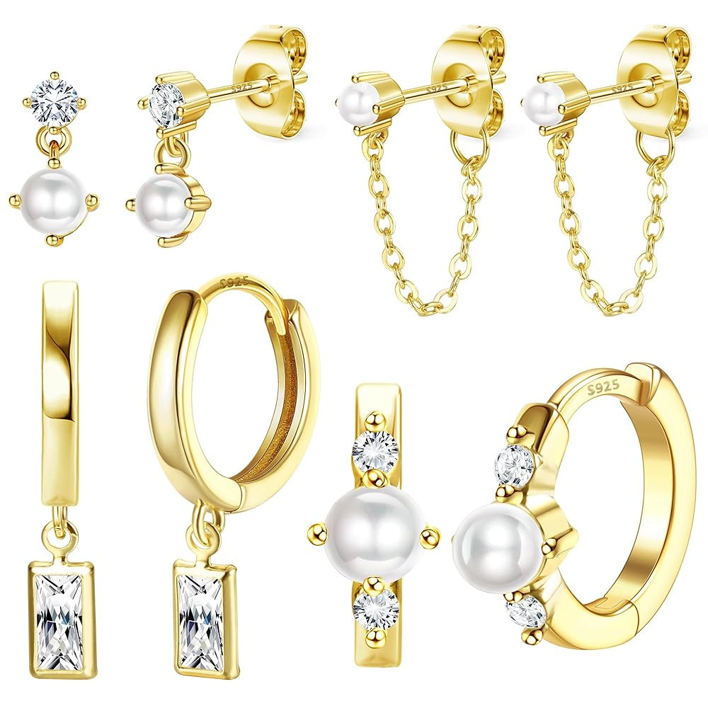 4 Pairs Sterling Silver Post Pearl Hoop Earrings for Women Trendy 14K Gold Plated Huggie Hoop Ear... | Amazon (US)