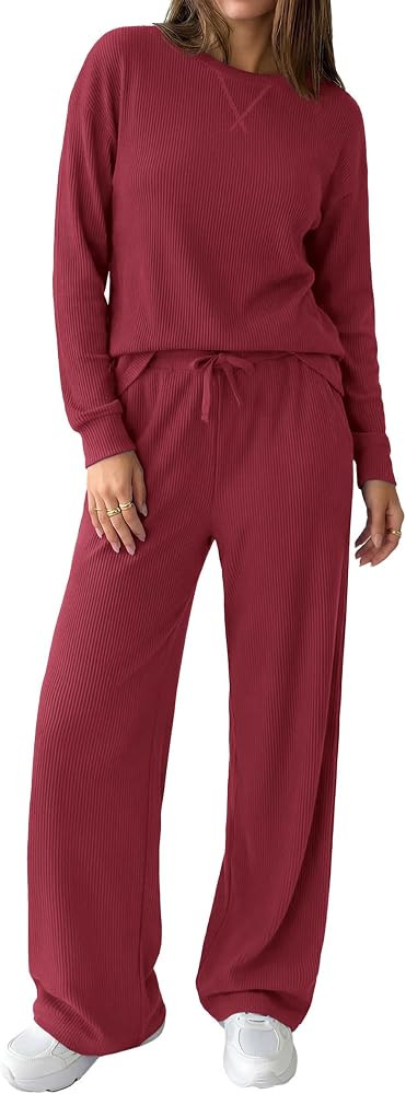 Ribbed Knit Comfy Lounge Sets, Fall Athleisure Sweat Suits, Long Sleeve Shirts, Wide Leg Pants Po... | Amazon (US)
