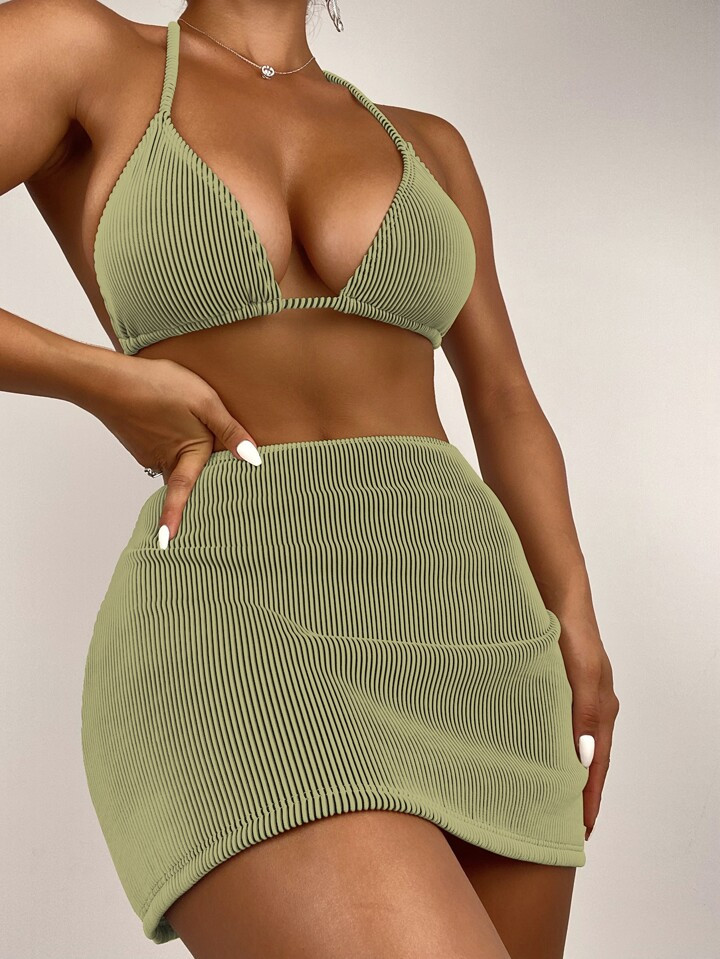 SHEIN Swim Basics Summer Beach Ribbed Bikini Set Halter Triangle Bra & High Cut Bottom & Beach Sk... | SHEIN
