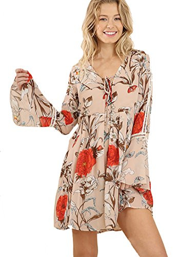 Umgee Floral + Fabulous! Lace Up Neckline Bell Sleeve Dress (Medium) | Amazon (US)