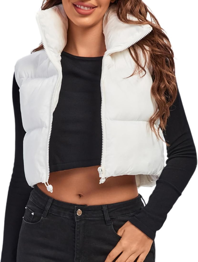 Fuinloth Women's Padded Vest, High Stand Collar Lightweight Zip Crop Puffer Gilet | Amazon (US)