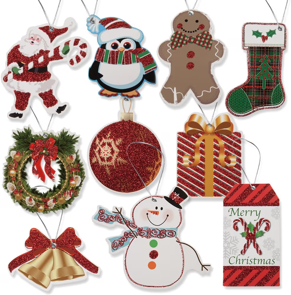 100 Count Christmas Gift Tags with Strings – Glitter Holiday Tags with Santa, Snowman, Penguin,... | Amazon (US)