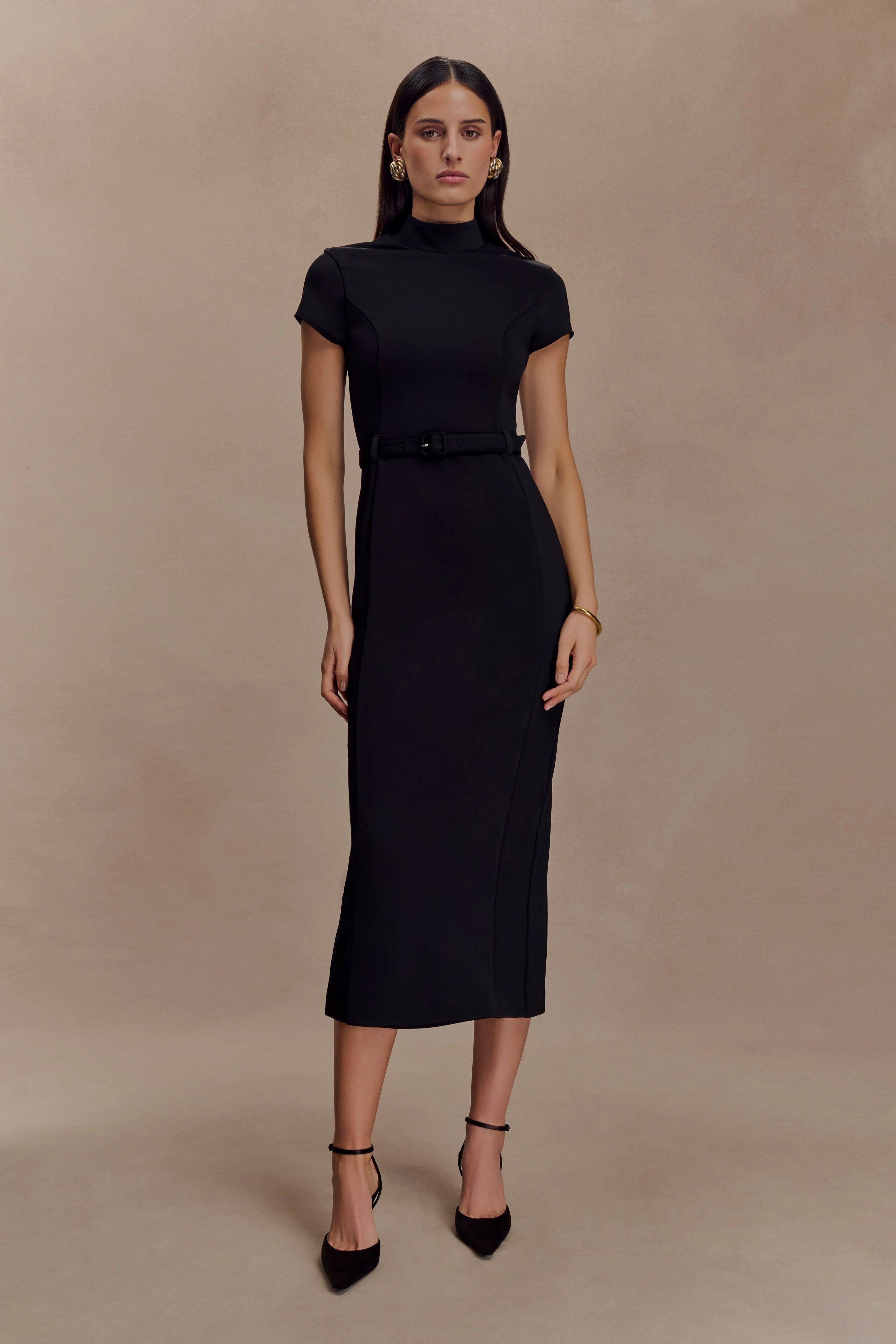 Short Sleeve Crepe Midi Dress - Black | MESHKI US